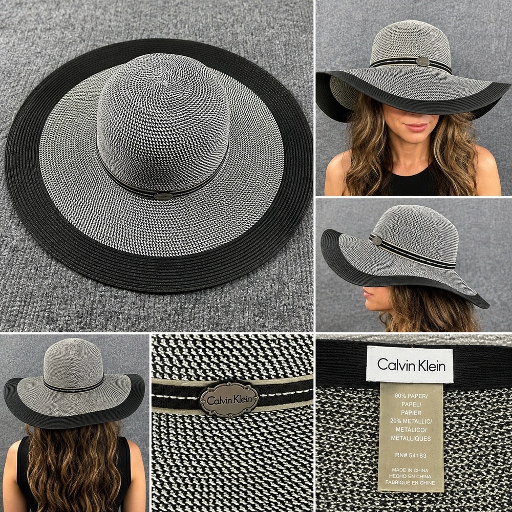 Calvin Klein Womens Metallic Woven Wide Brim Sun Hat Black Silver RN54163